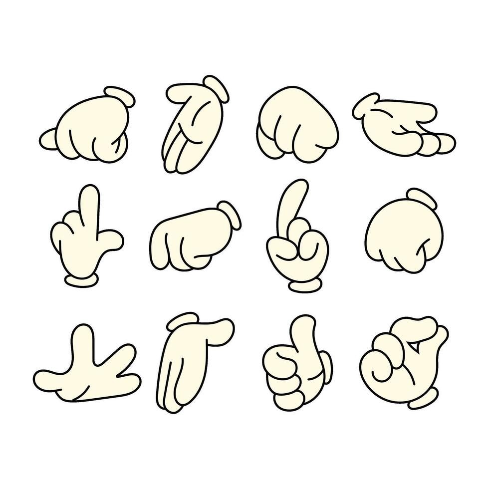 Set of illustrations of hand gestures for cartoon characters. Groovy character in flat style. vector