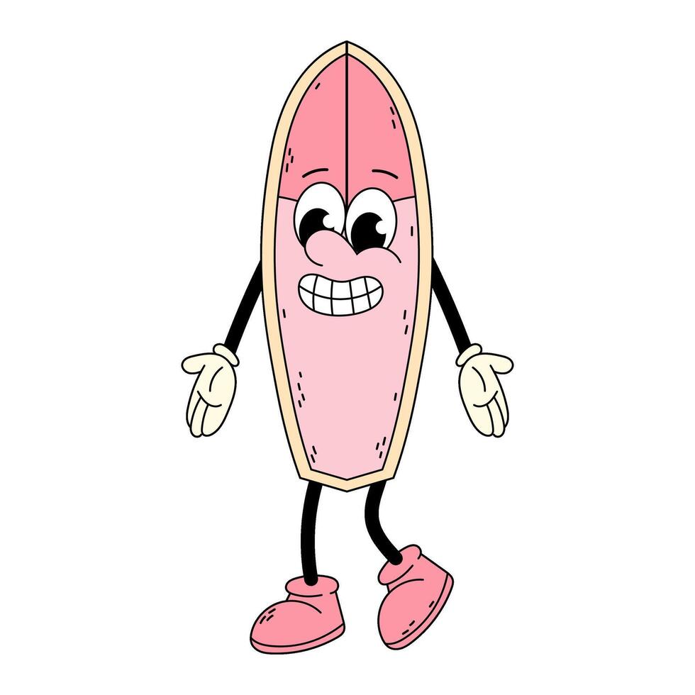 Surfing. Groovy surfboard character. Funny cartoon retro character in flat style. Doodle illustration. Pink surfboard. vector