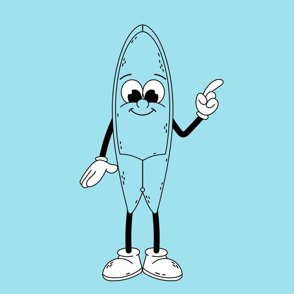 Groovy character. Funny cartoon retro character in doodle style. Doodle illustration surfboard character pointing a finger at something. vector