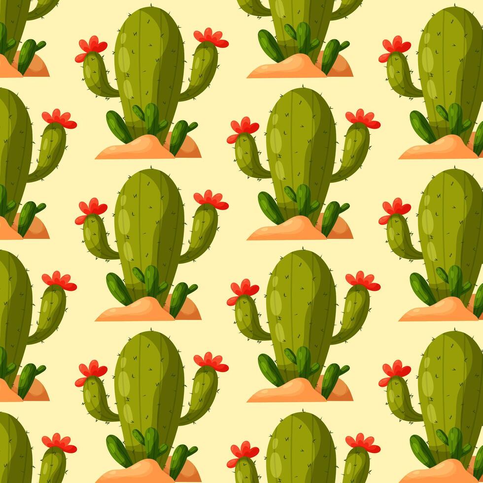 modelo con dibujos animados cactus. floreciente cactus. Desierto planta. modelo para textil, envase papel, antecedentes. vector