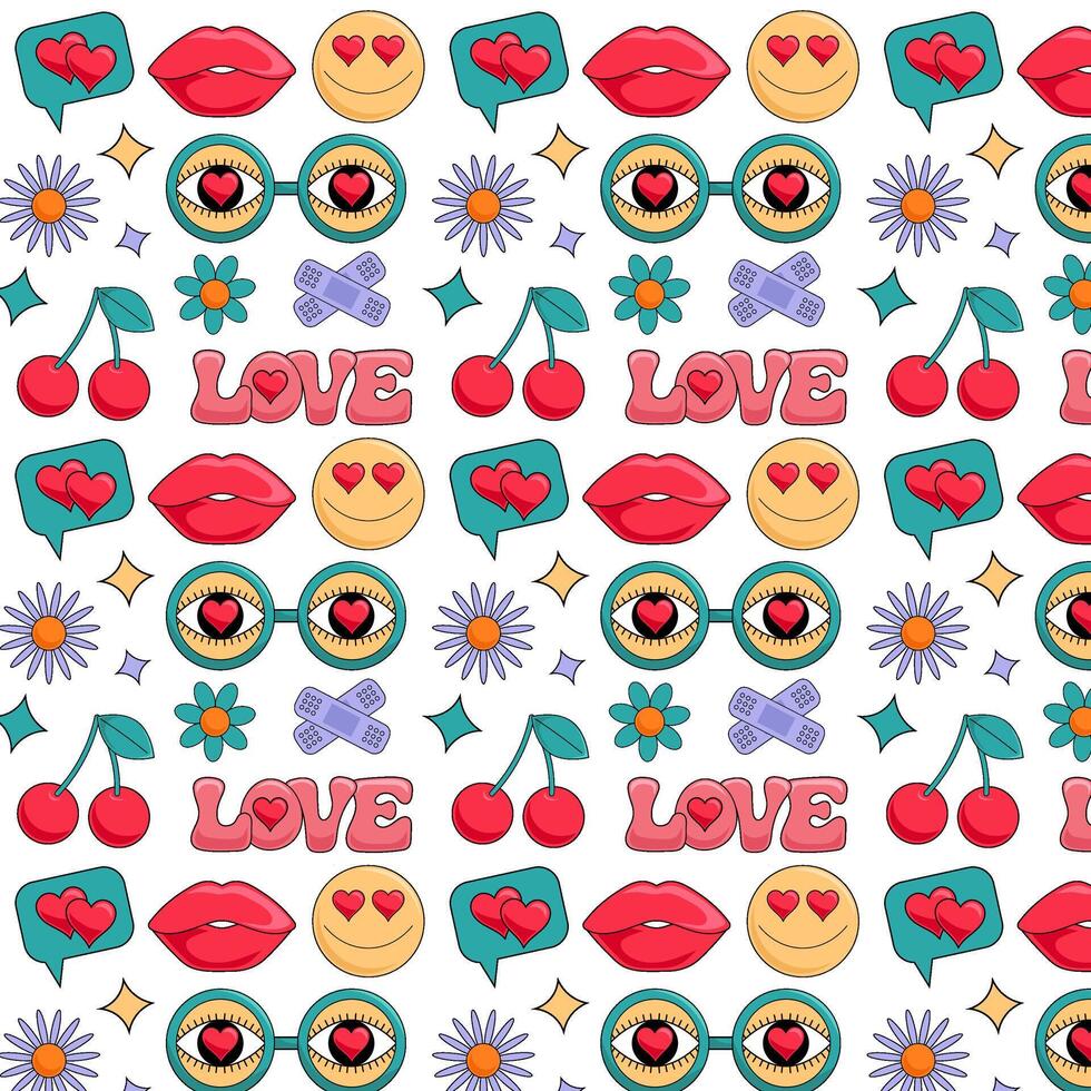 Pattern in groovy style on a white background. Retro pattern with love signs. vector