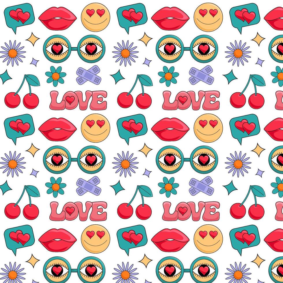 Pattern in groovy style on a white background. Retro pattern with love signs. vector