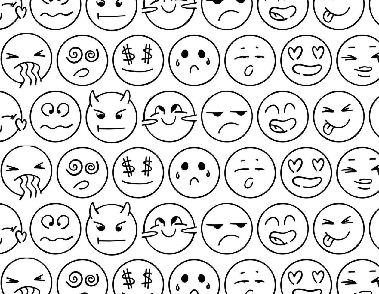 modelo garabatear emociones emojis garabatear de linda emociones en un blanco antecedentes. ilustración. un paquete de diferente emoticon expresiones vector