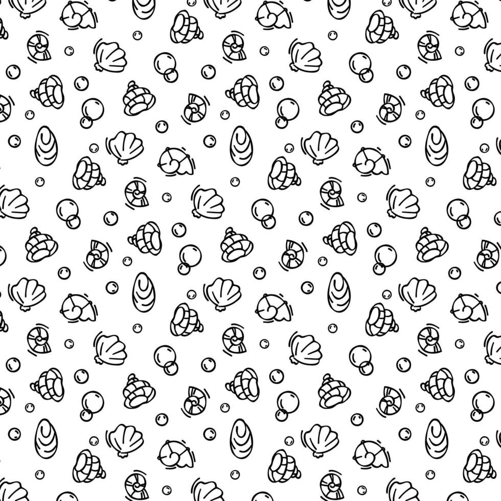 Seashell pattern in doodle style, black outline sketch of isolated elements on white background for design template. Ocean flora vector