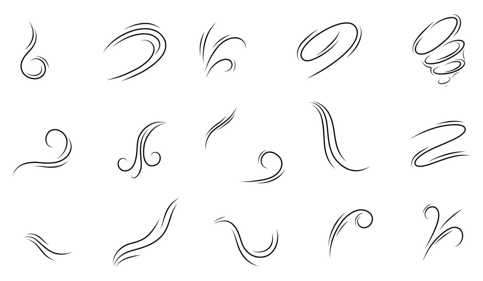 Set of wind blow set in doodle style, illustration on white background. A wave of cold air during windy weather. Rush symbol outline for print and design. graphics, air dynamics vector