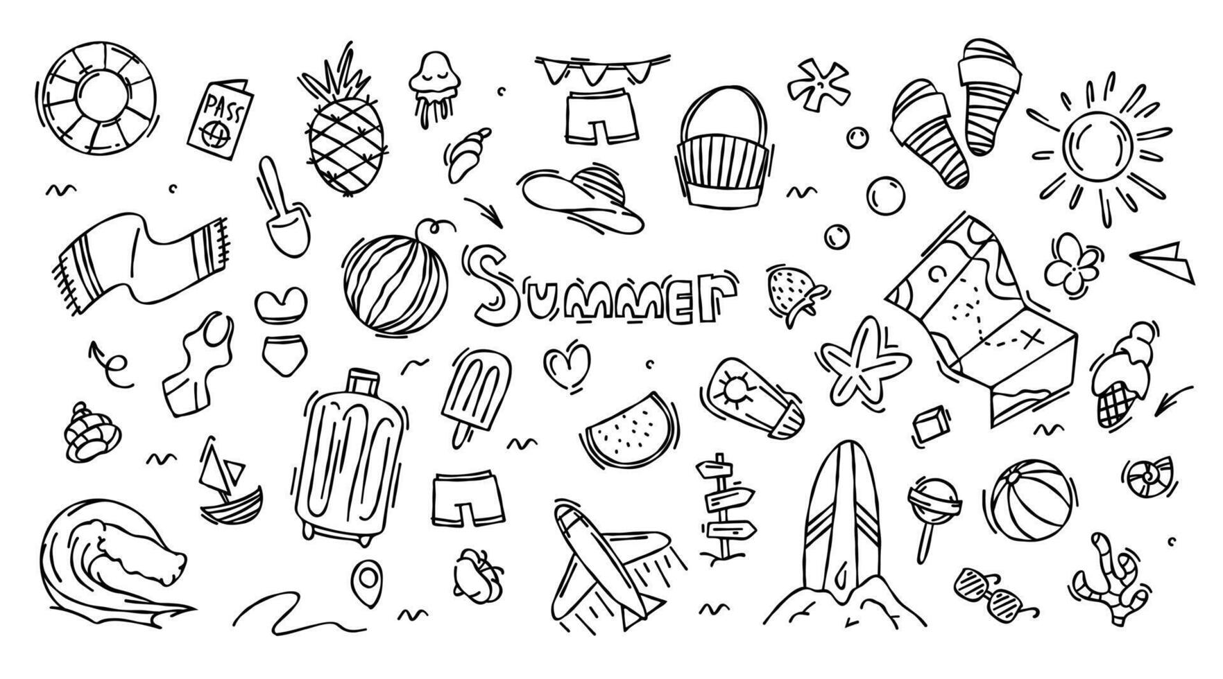 Set of travel doodle hand drawn summer, beach party, vacation and travel doodle elements. Tourism and summer adventure icons. Pictures of travel elements. Summer doodle elements. Summer and rest vector