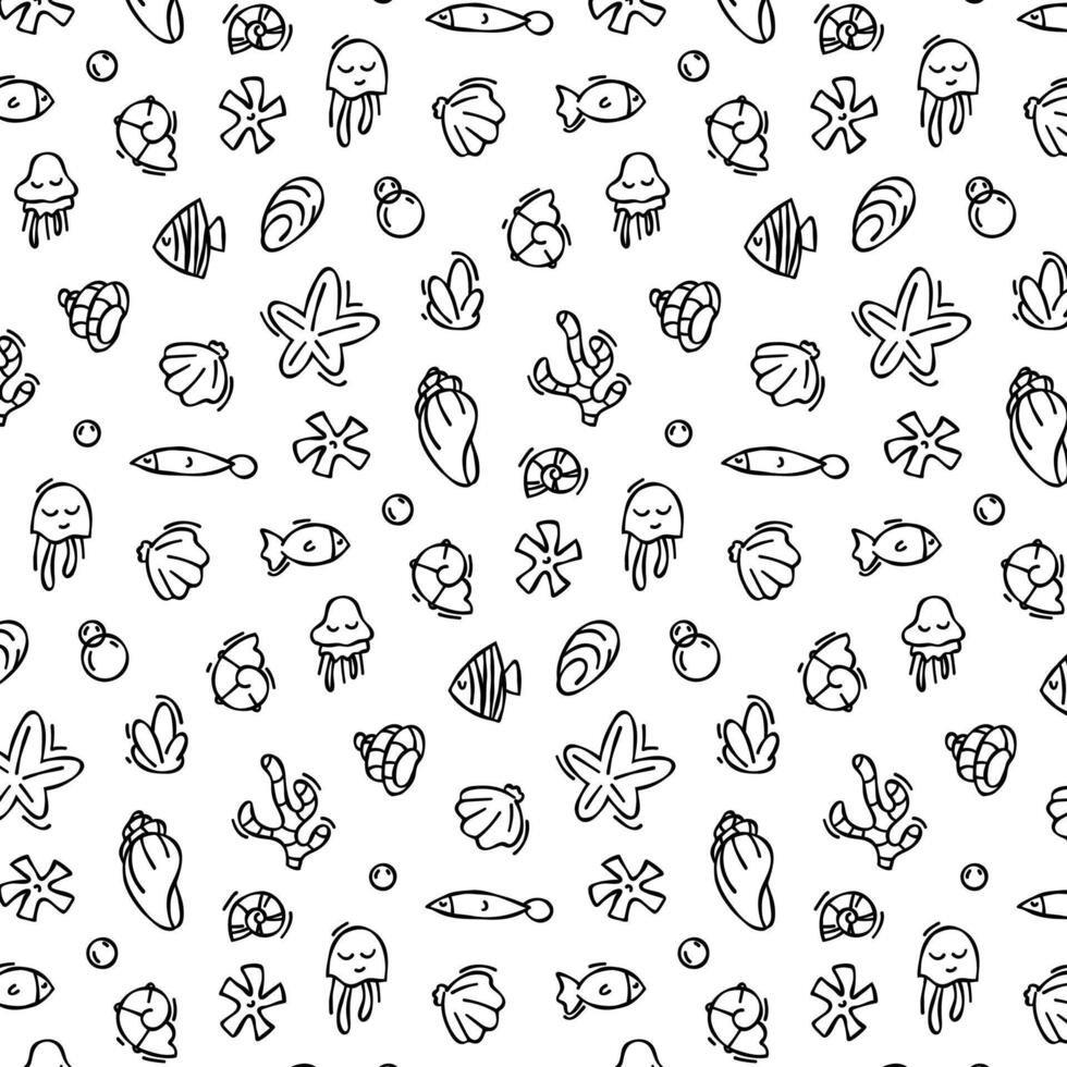 Seashell pattern in doodle style, black outline sketch of isolated elements on white background for design template. Ocean flora vector