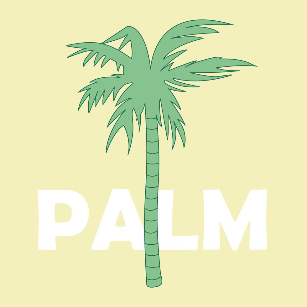 Green palm tree silhouette with text. Contour tropical tree on a yellow background. Palm leaves. Exotic beach plant. Botany illustration. vector