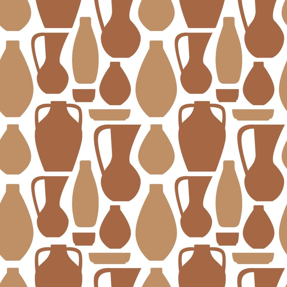 Pottery seamless pattern. Shapes Antique clay jug, pot and plate. Monochromatic crockery on a white background. Color image. Minimalistic wrapping paper. illustration vector