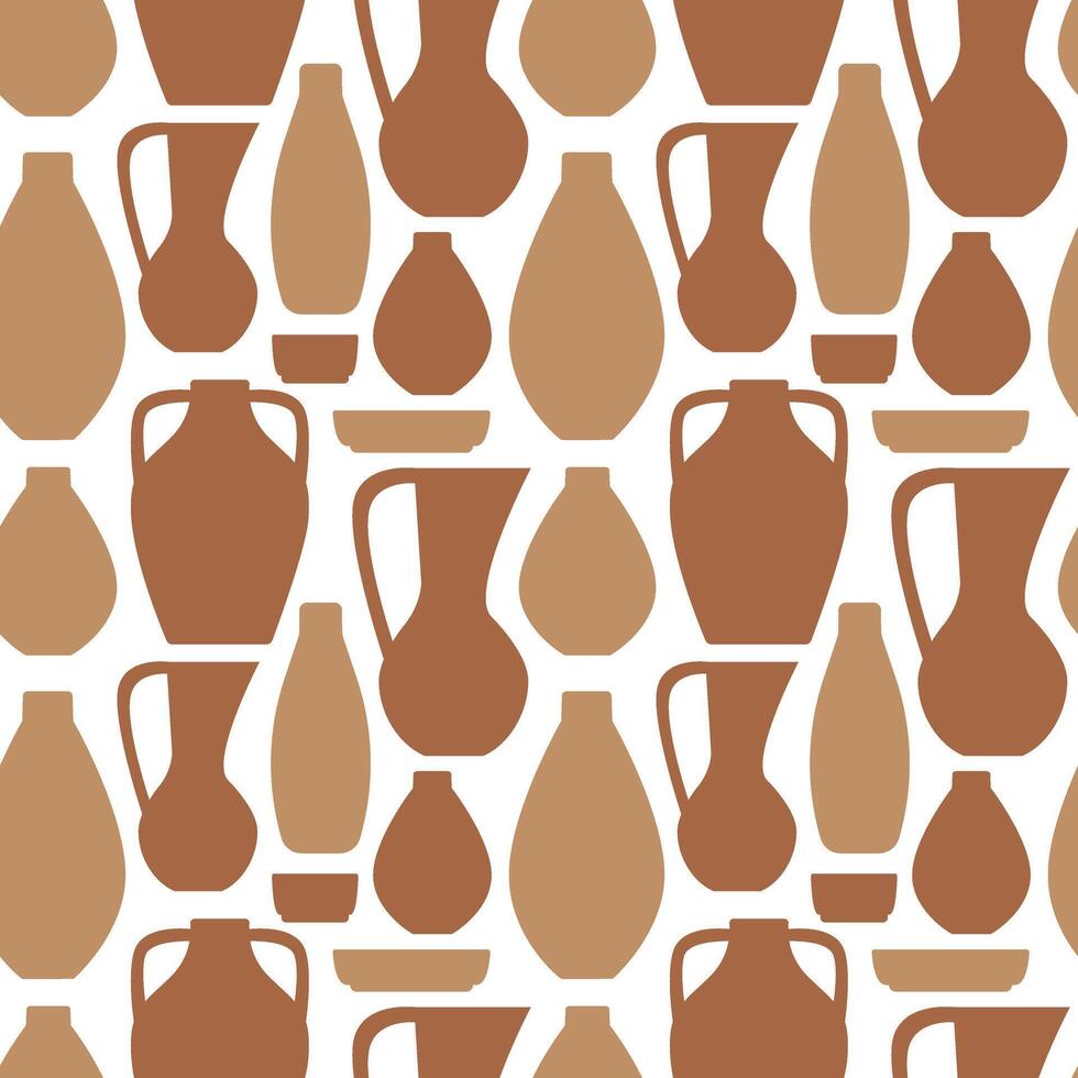 Pottery seamless pattern. Shapes Antique clay jug, pot and plate. Monochromatic crockery on a white background. Color image. Minimalistic wrapping paper. illustration vector