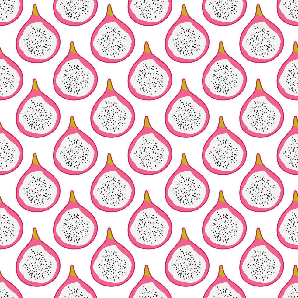 Dragonfruit pattern. Tropical exotic fruit. Half Pink Pitaya with sweet white flesh. Vegan low calorie food. Seamless print Dragon Fruit. illustration vector