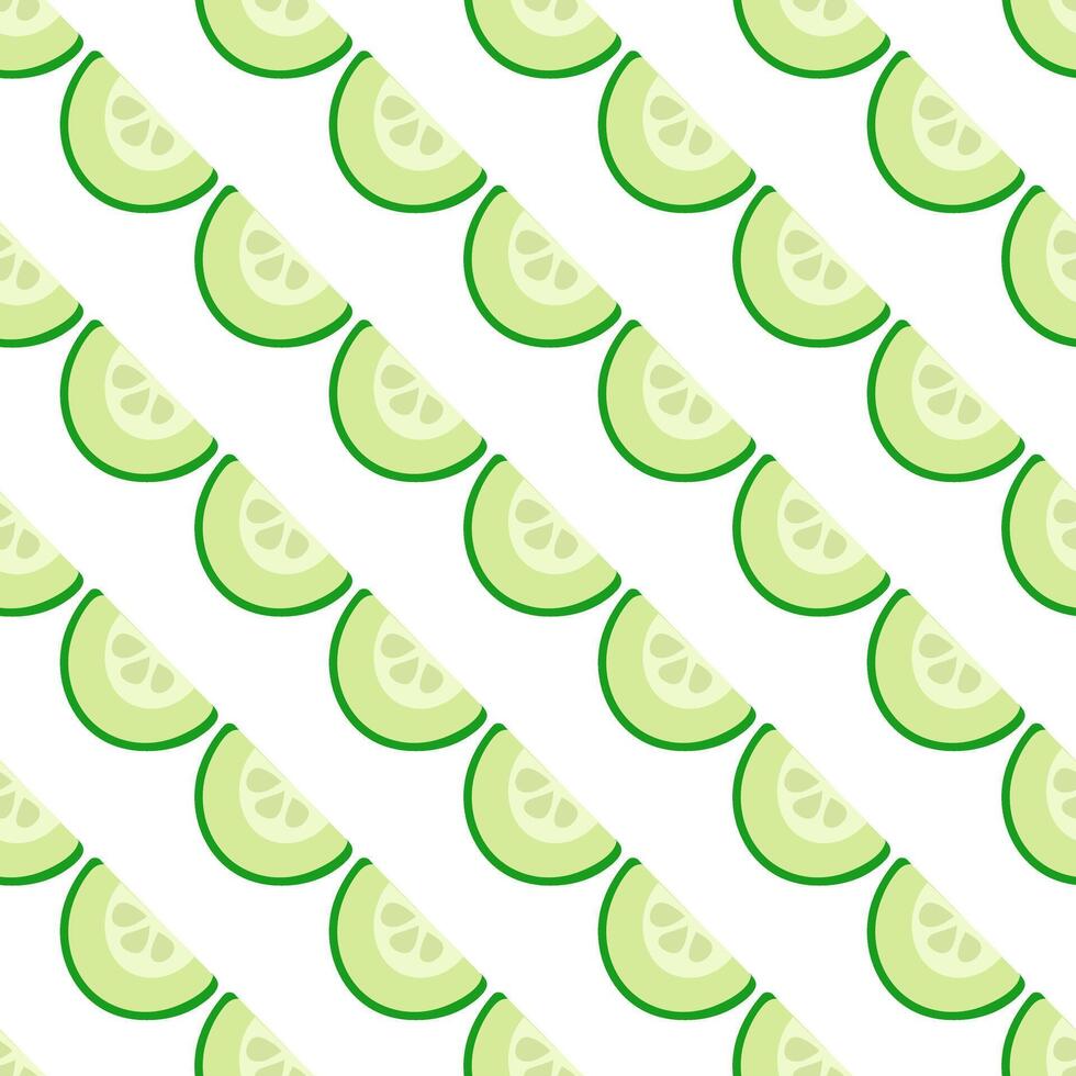 Diagonal pattern of half a cucumber. Sliced piece of green vegetable. Ingredient for making salad. Garden and market. Food print for the kitchen on a white background. illustration vector