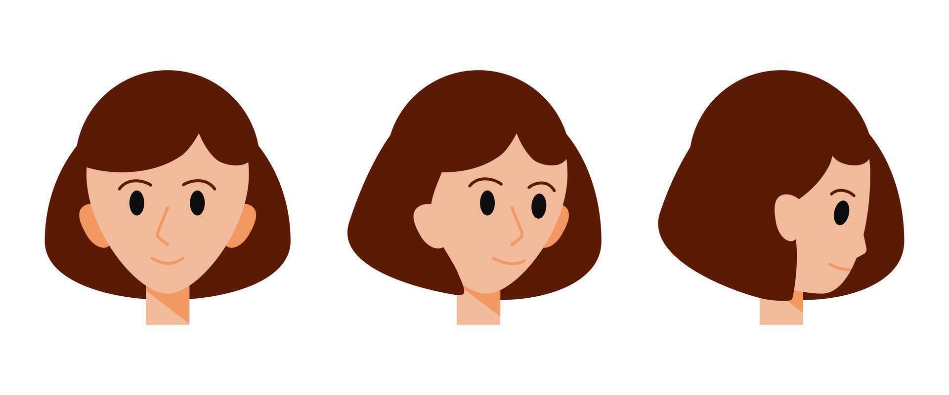 cabeza de un pelo castaño muchacha. frente y lado vista. avatar de un sonriente joven mujer con un corto Corte de pelo. el cara de un linda personaje. retrato de un humano. plano estilo. ilustración. vector