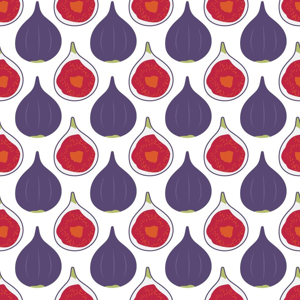Fig pattern. Half cut purple fruit. Sweet fruit pulp. Food print on a white background. Harvesting. Vegan food. Summer pattern. illustration vector