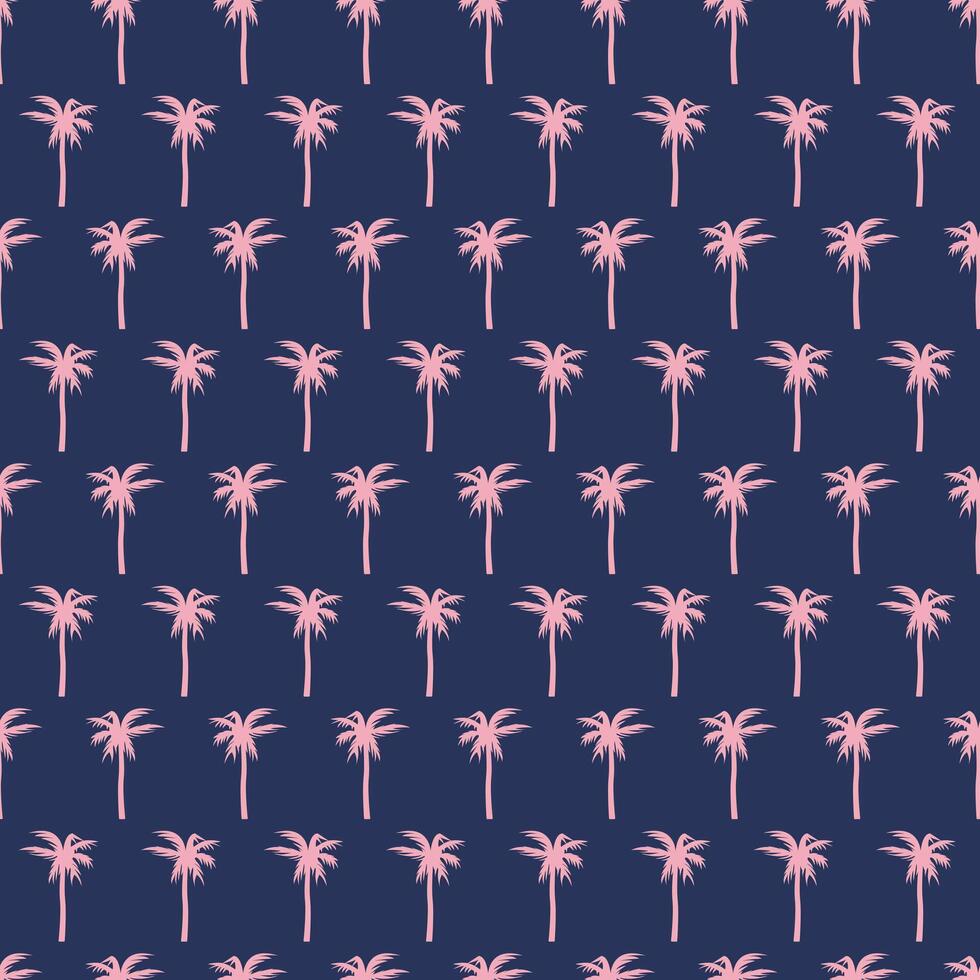 Pattern of pink palm trees on a dark background. Tropical tree seamless pattern. Beach, jungle, oasis. Vacation, tourism. Botany, plant. vector