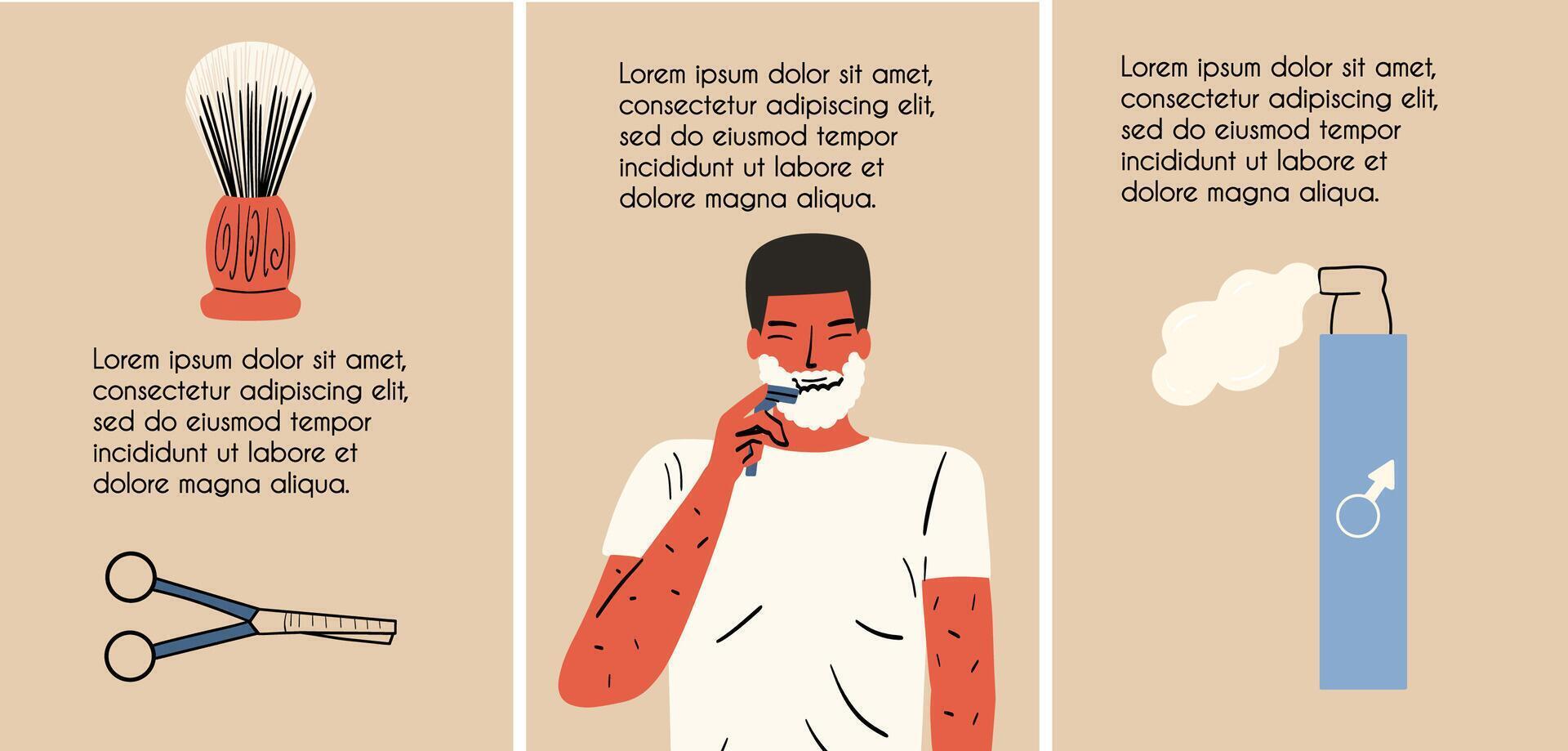 Set of templates about men's shaving. illustration in hand drawn style vector