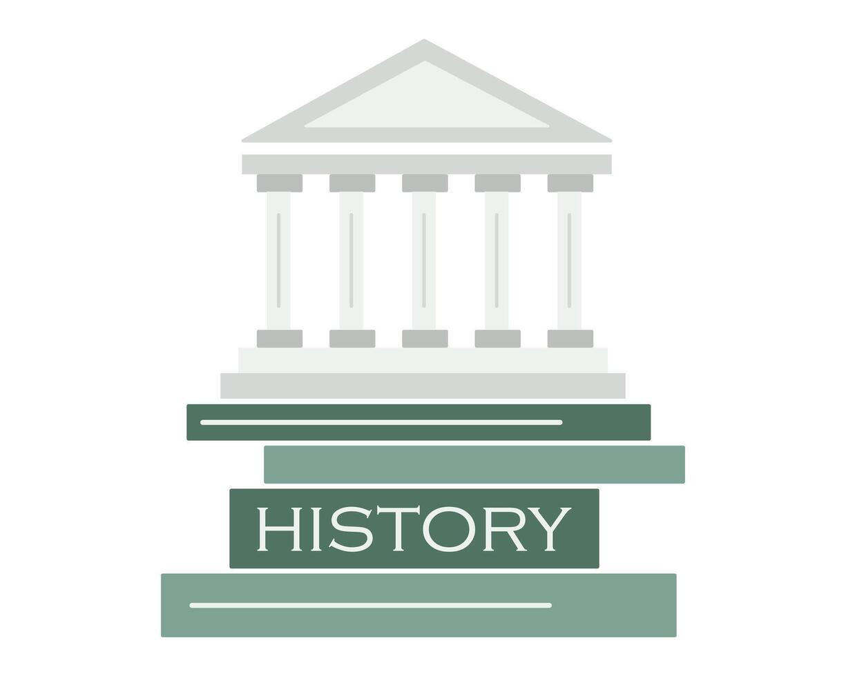 Ancient temple on books. Stack of textbooks on the history of ancient Greek architecture. Building design study. Monument, memorial. Story about Greece. illustration. vector