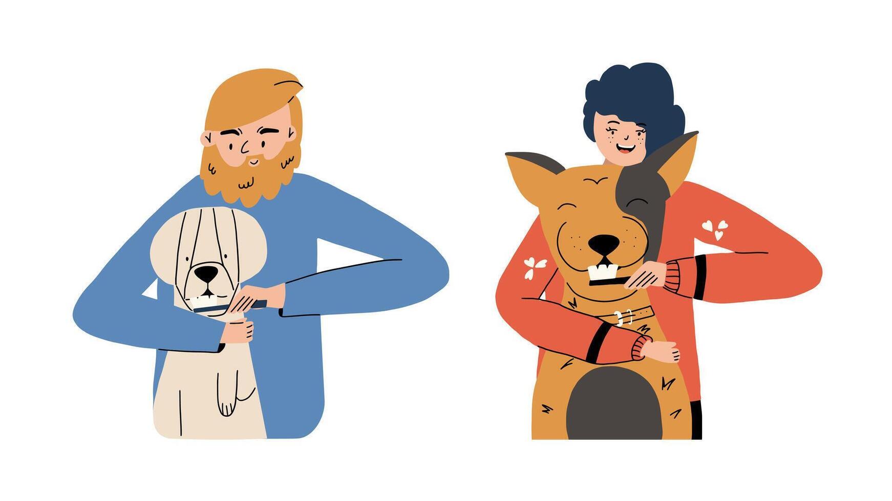 Owners brushes his dog's teeth. Pet oral hygiene. illustration in hand draw style vector