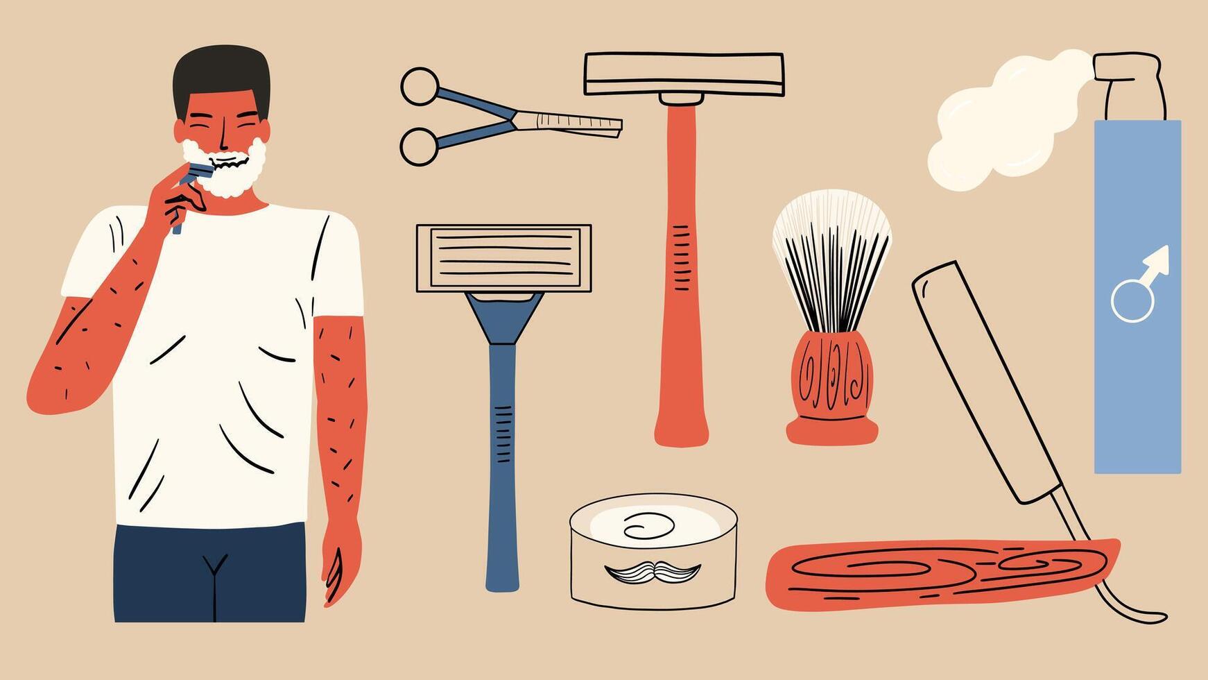 A set of men's shaving accessories. Man with a razor, foam, scissors, brush. illustration in hand drawn style vector