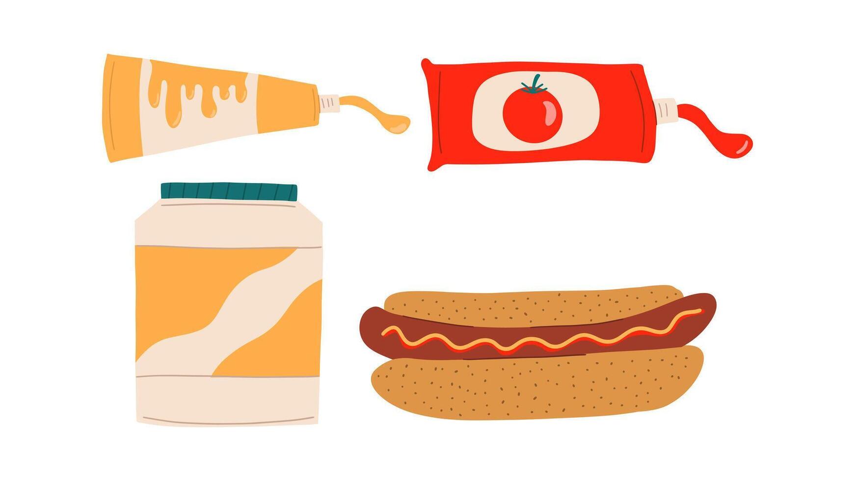 Tomato sauce, mustard, mayonnaise and hot dog. illustration in flat style vector