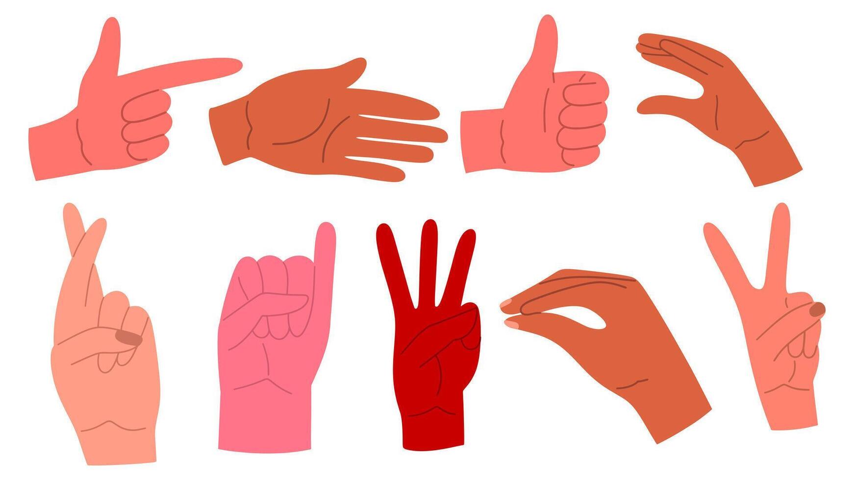 conjunto de el diferente gestos manos en variedad posa hembra y masculino manos. dedos cruzado, paz símbolo, meñique arriba. ilustración en dibujos animados estilo. vector
