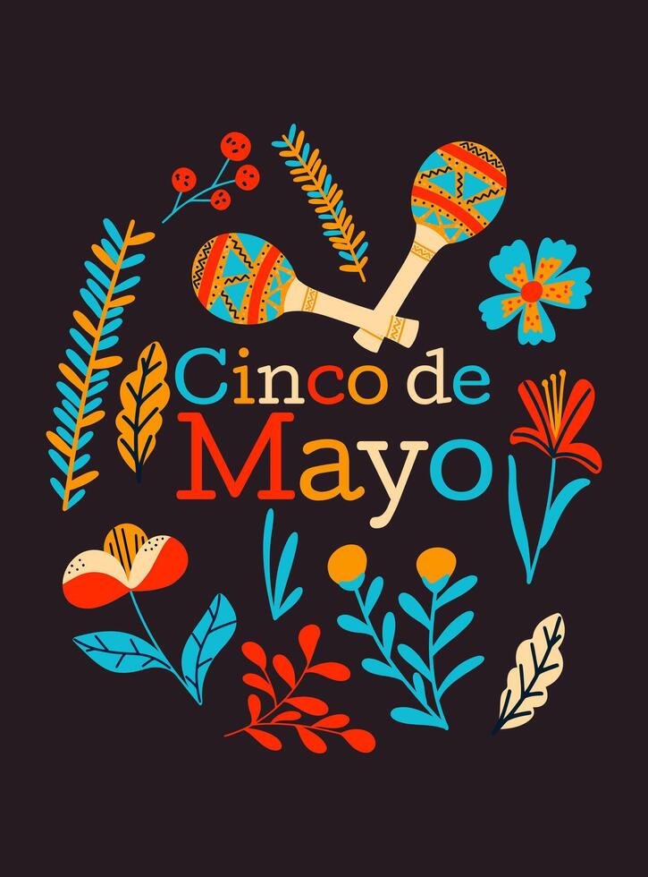 Cinco de Mayo festive poster. Holiday in Mexico. Colorful design with different Mexican traditional symbols. vector