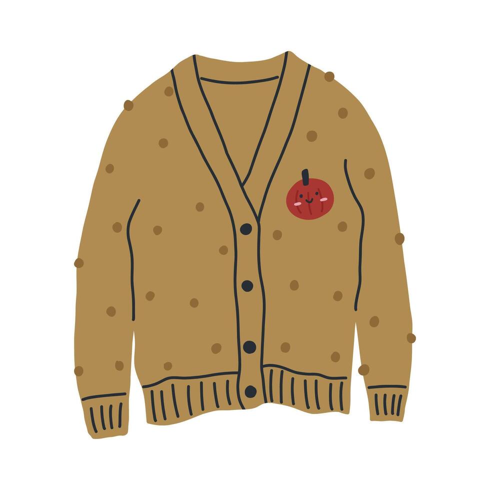 Hand drawn cardigan with cute pumpkin, cartoon flat illustration isolated on white background. Warm autumn clothes. vector