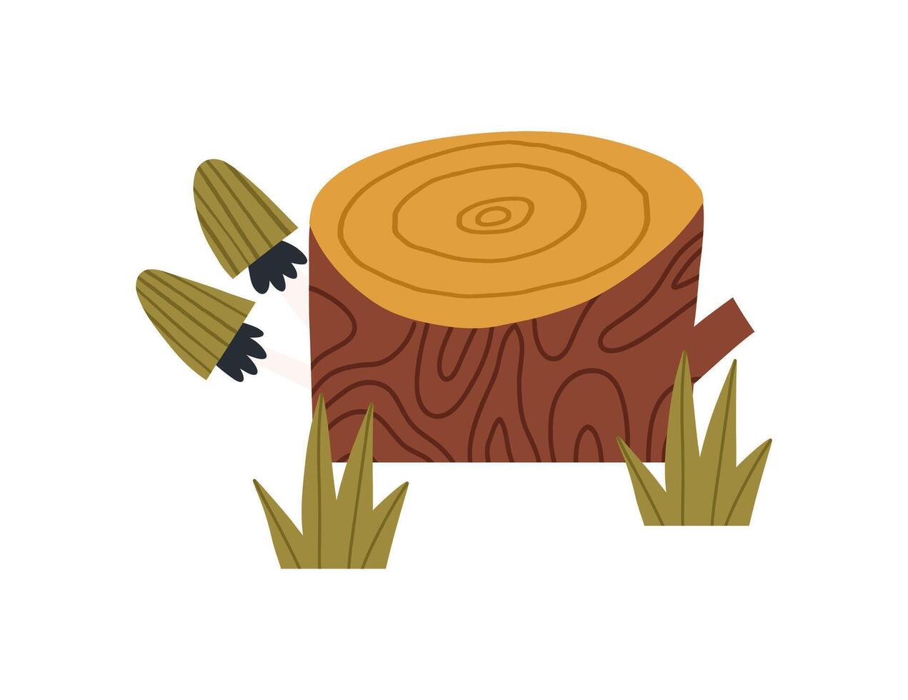 Cute tree stump with mushrooms and grass, cartoon flat illustration isolated on white background. Hand drawn autumn nature element. vector