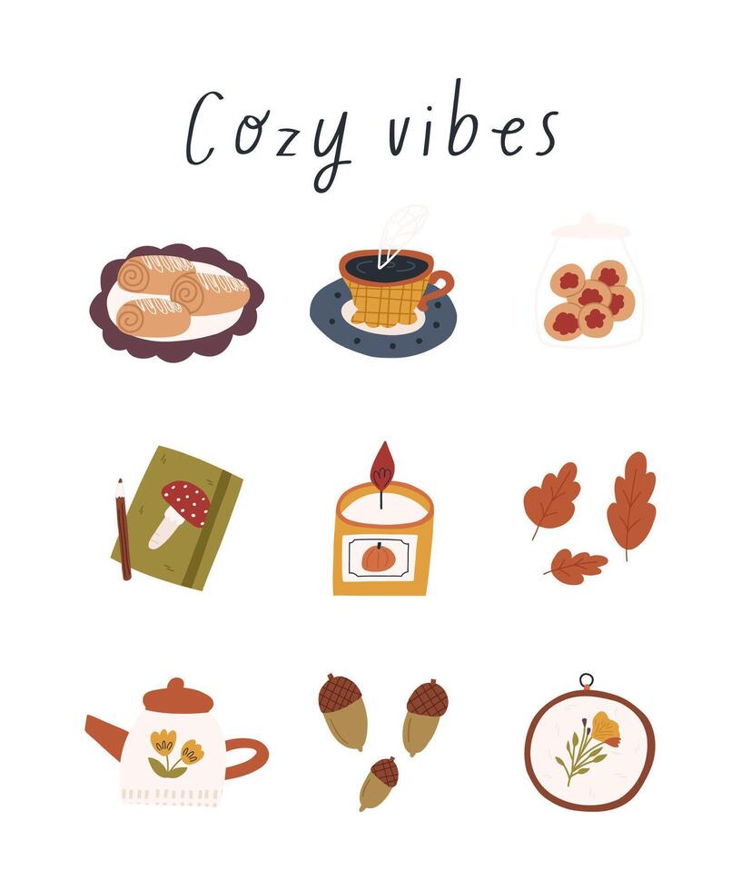 Cozy autumn stickers in cute cartoon flat style, isolated on white background. Hand drawn fall elements - candle, leaves, acorns, cinnamon rolls with cookie jar and cup of tea. vector