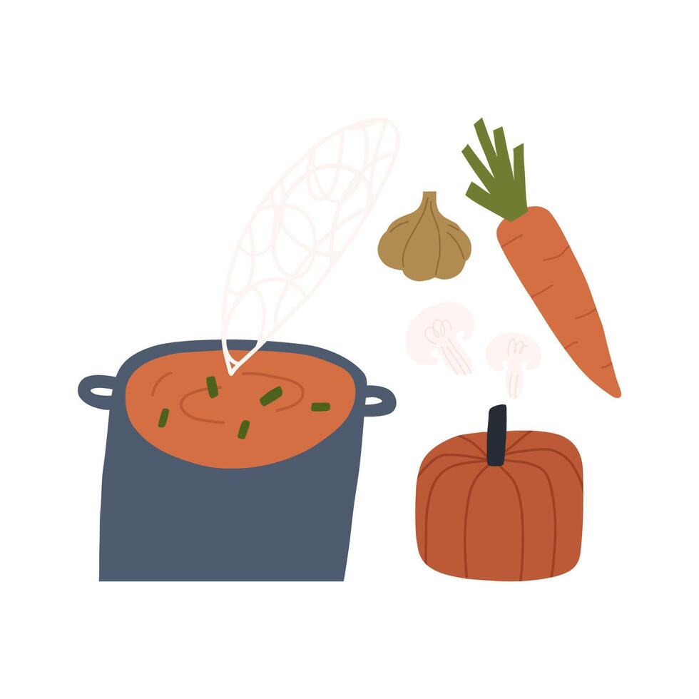 Pumpkin soup ingredients in cute cartoon flat style, illustration isolated on white background. Delicious autumn meal cooking in pot. Hand drawn pumpkin, carrot, garlic and mushrooms. vector