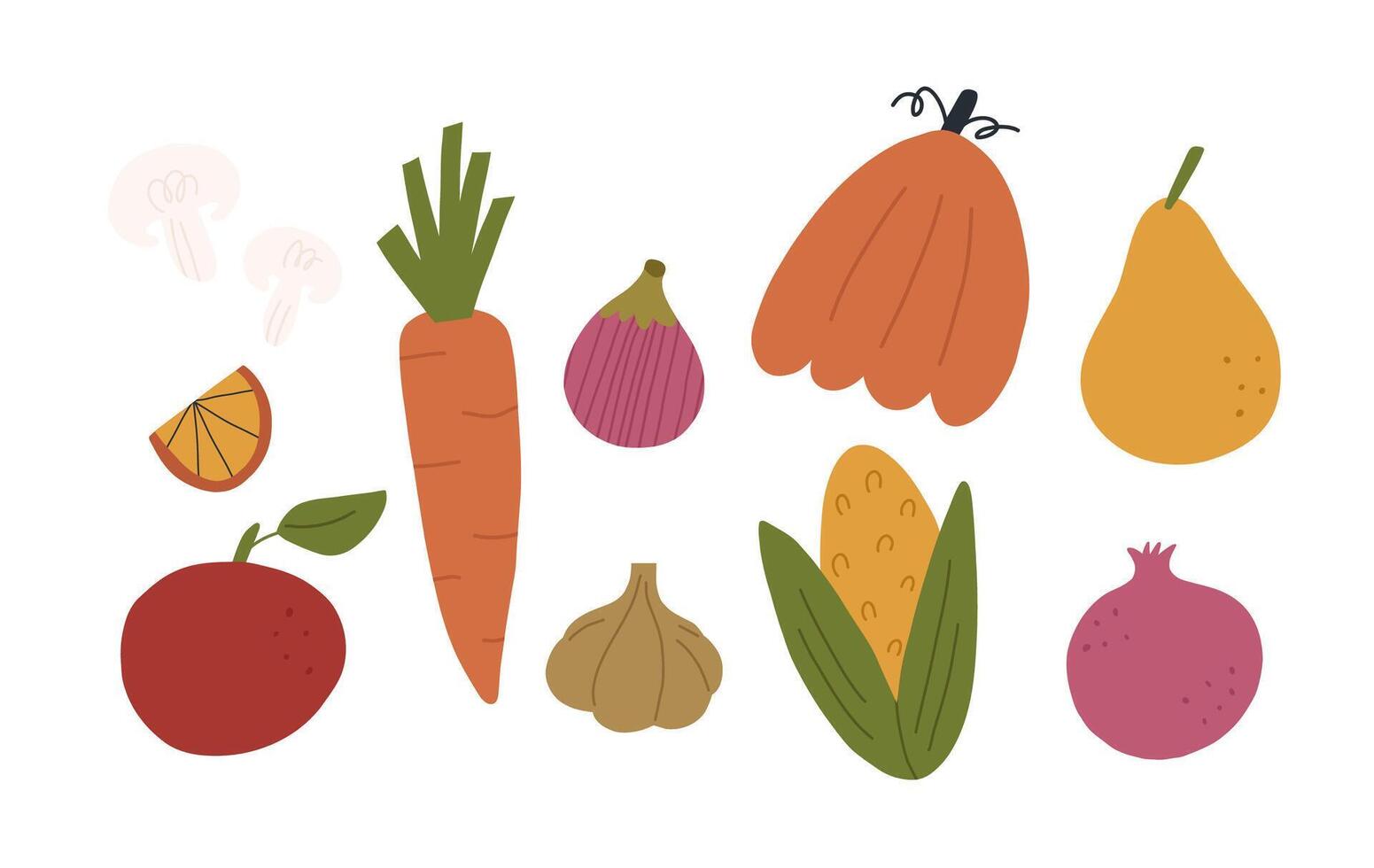 conjunto de otoño estacional vegetales y frutas en dibujos animados plano estilo, aislado en blanco antecedentes. otoño cosecha concepto. estacional comida - calabaza, maíz, manzana, pera, Zanahoria y hongos. vector