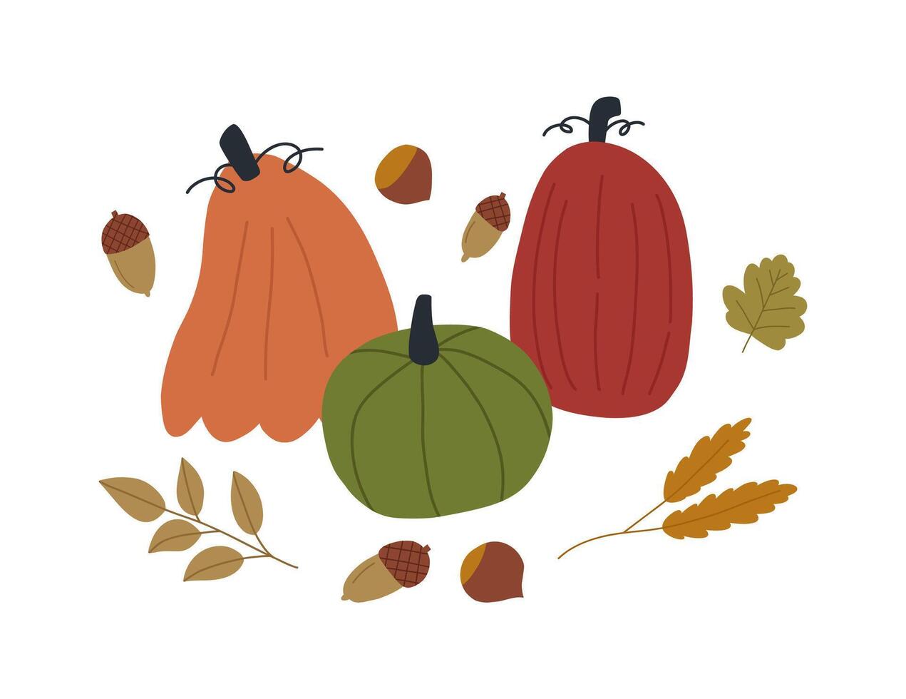 linda calabazas con bellotas, castañas y otoño hojas - dibujos animados plano ilustración aislado en blanco antecedentes. estacional otoño composición. mano dibujado otoño decoraciones vector