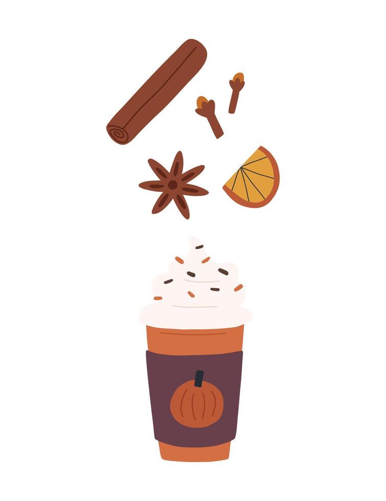 Pumpkin spice latte in to go cup with ingredients, cartoon flat illustration isolated on white background. Hand drawn coffee drink with whipping cream, cinnamon stick, star anise and clove. vector