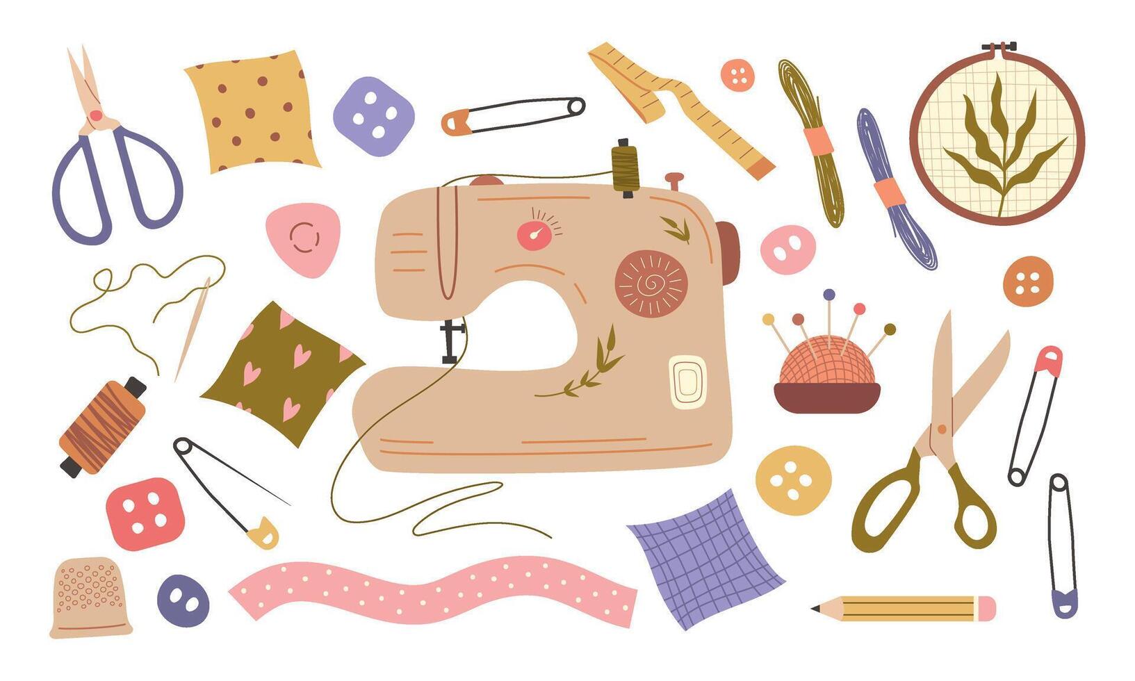 Big sewing set. Sewing machine, sewing accessories, embroidery, hoop. Isolated elements for your design vector
