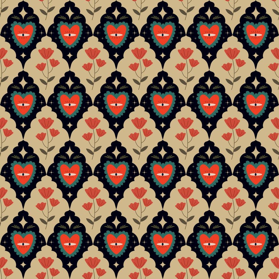 Art deco, esoteric seamless pattern. Eye, stars, moon, flower. For packaging, textiles, wallpaper, bed linen vector