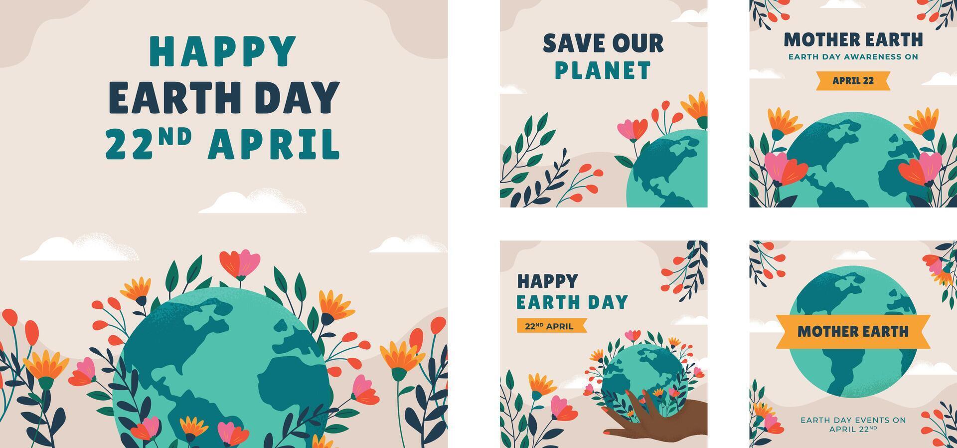 Hand drawn social media posts collection for earth day celebration vector