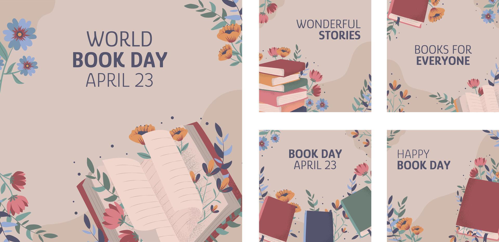 Hand drawn social media posts collection for world book day celebration vector