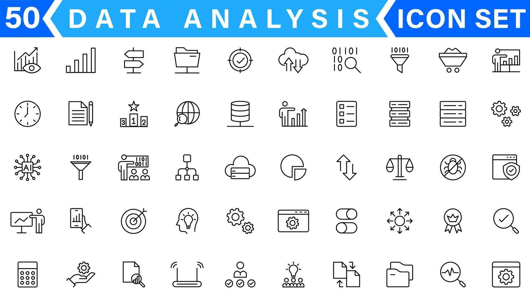 Data analysis icon set. Graphs, statistics, analytics, analysis, big data, growth, chart, research, UI, UX, GUI and more line icon vector