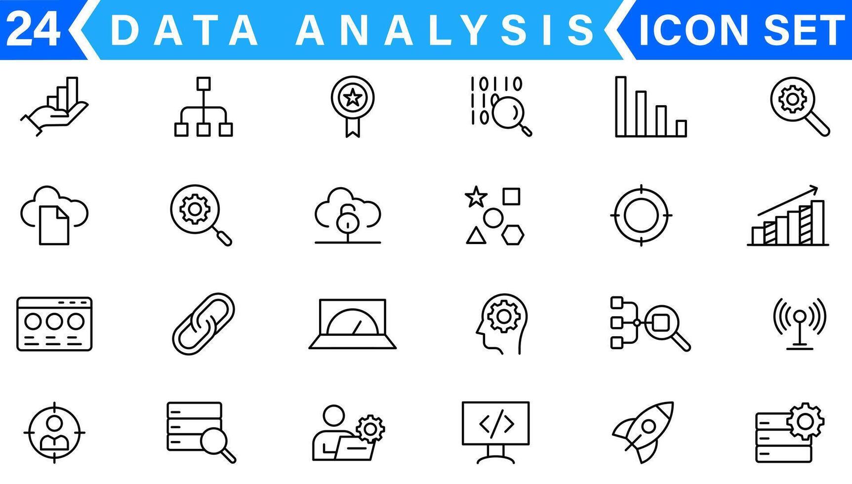 datos análisis línea íconos colocar. analítica, servidor, minería, datos filtrar, tráfico, ai, alojamiento, supervisión. Estadísticas y analítica contorno íconos colección vector