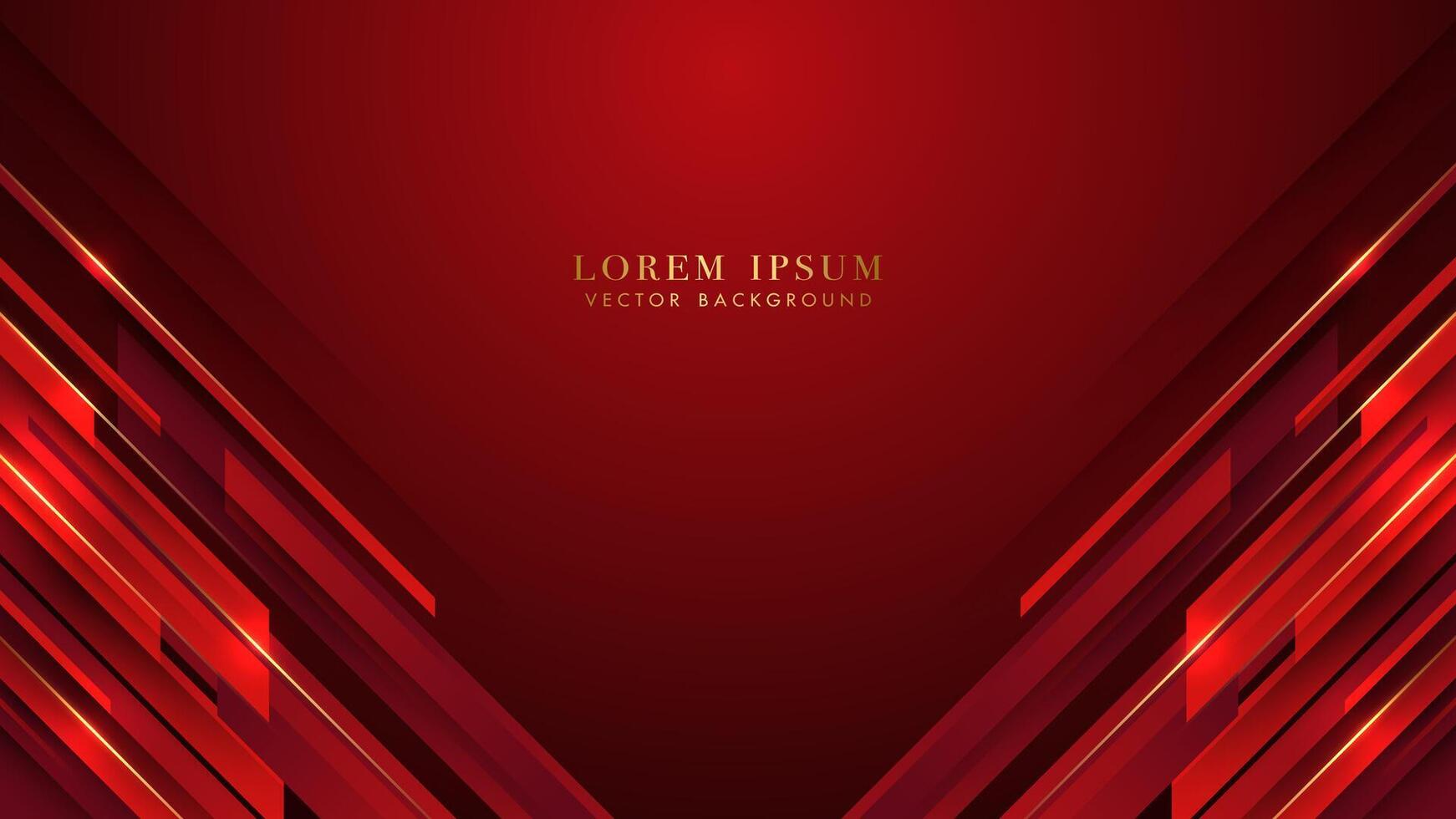 Slanted red geometric shapes with shiny golden lines. Abstract background vector