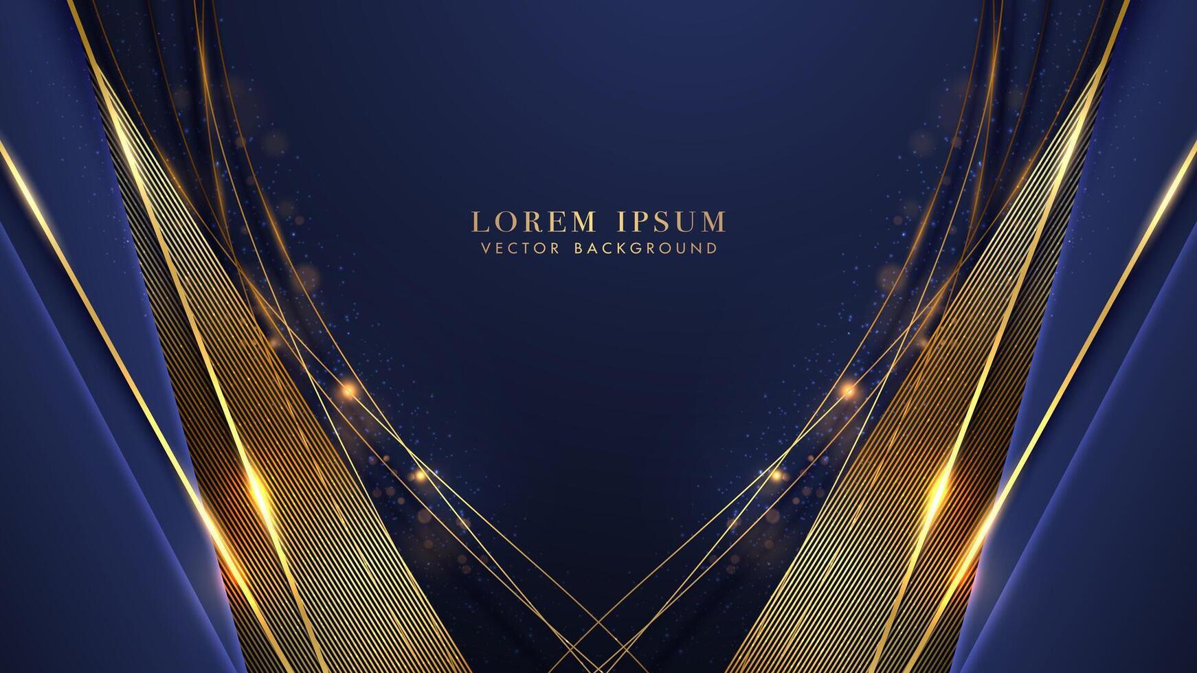 Blue luxury background with gold line, shiny dots effect, bokeh and glitter light effect decoration. Elegant style design vector