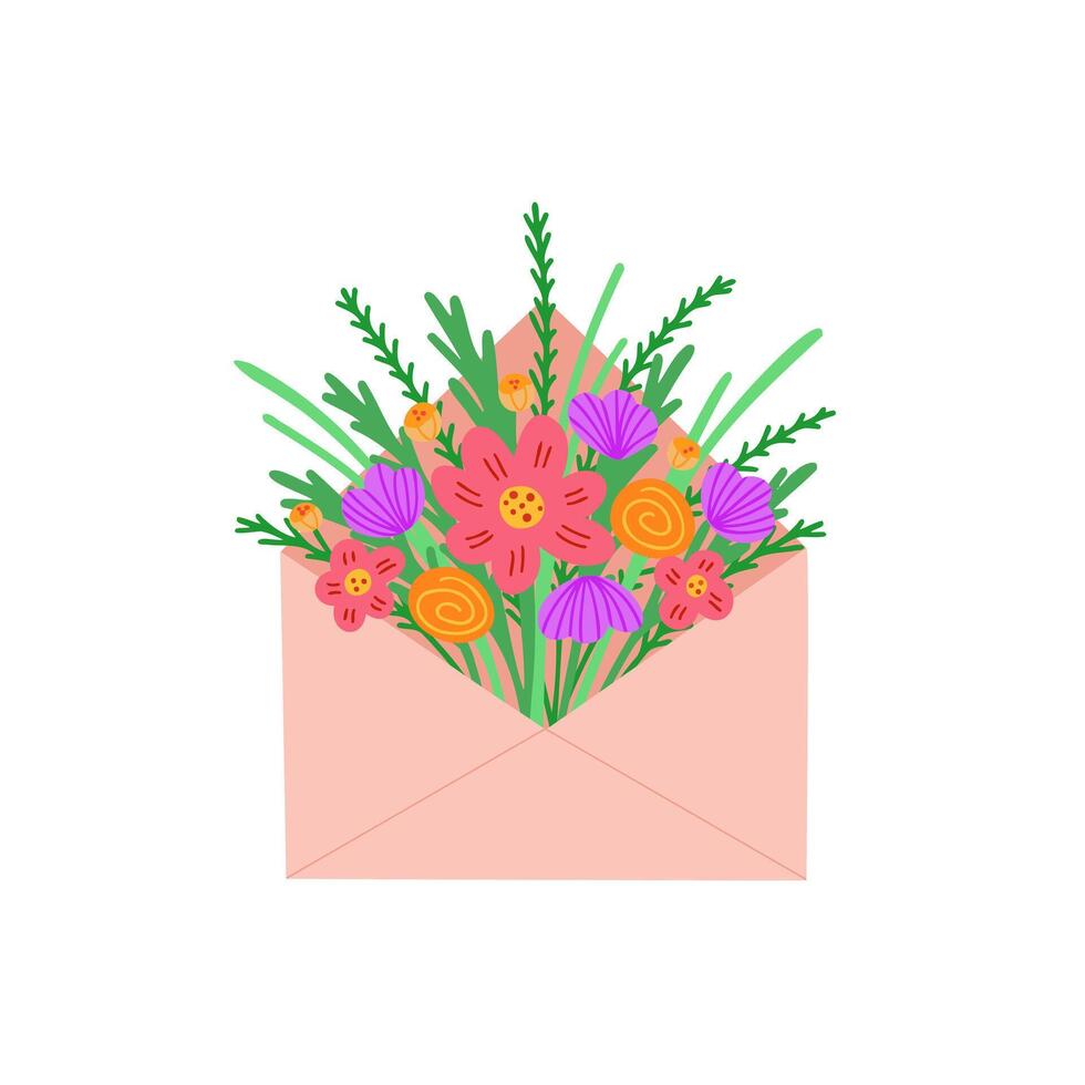 envelope with flowers. Illustration for printing, backgrounds, covers and packaging. Image can be used for greeting cards, posters, stickers and textile. Isolated on white background. vector