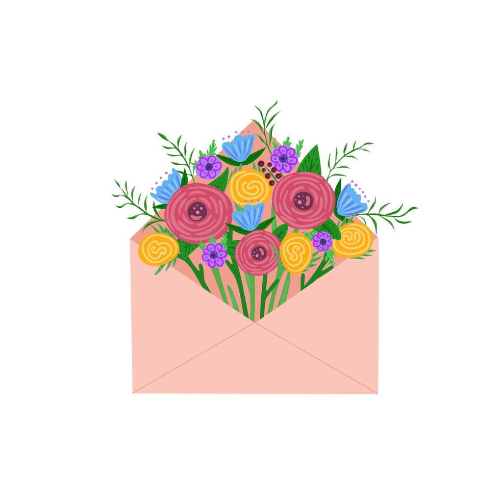 Flowers in the envelope. Illustration for printing, backgrounds, covers and packaging. Image can be used for greeting cards, posters, stickers and textile. Isolated on white background. vector
