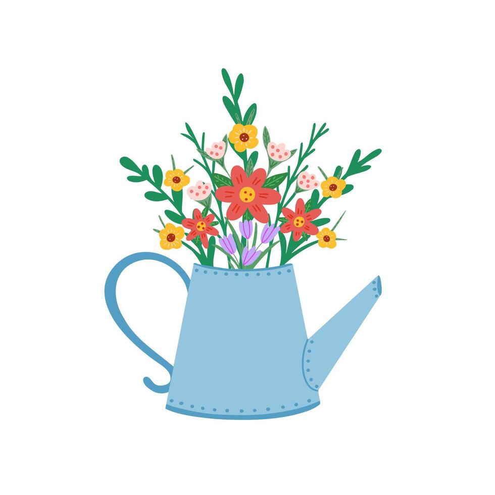 Blooming flower and watering can. Illustration for printing, backgrounds, covers and packaging. Image can be used for cards, posters, stickers and textile. Isolated on white background. vector