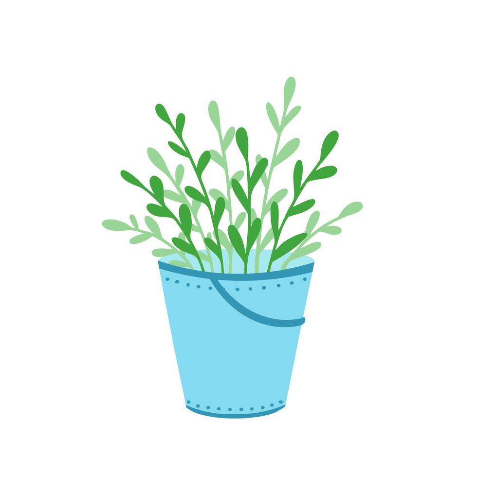 bucket with plant. Illustration for printing, backgrounds, covers and packaging. Image can be used for greeting cards, posters, stickers and textile. Isolated on white background. vector