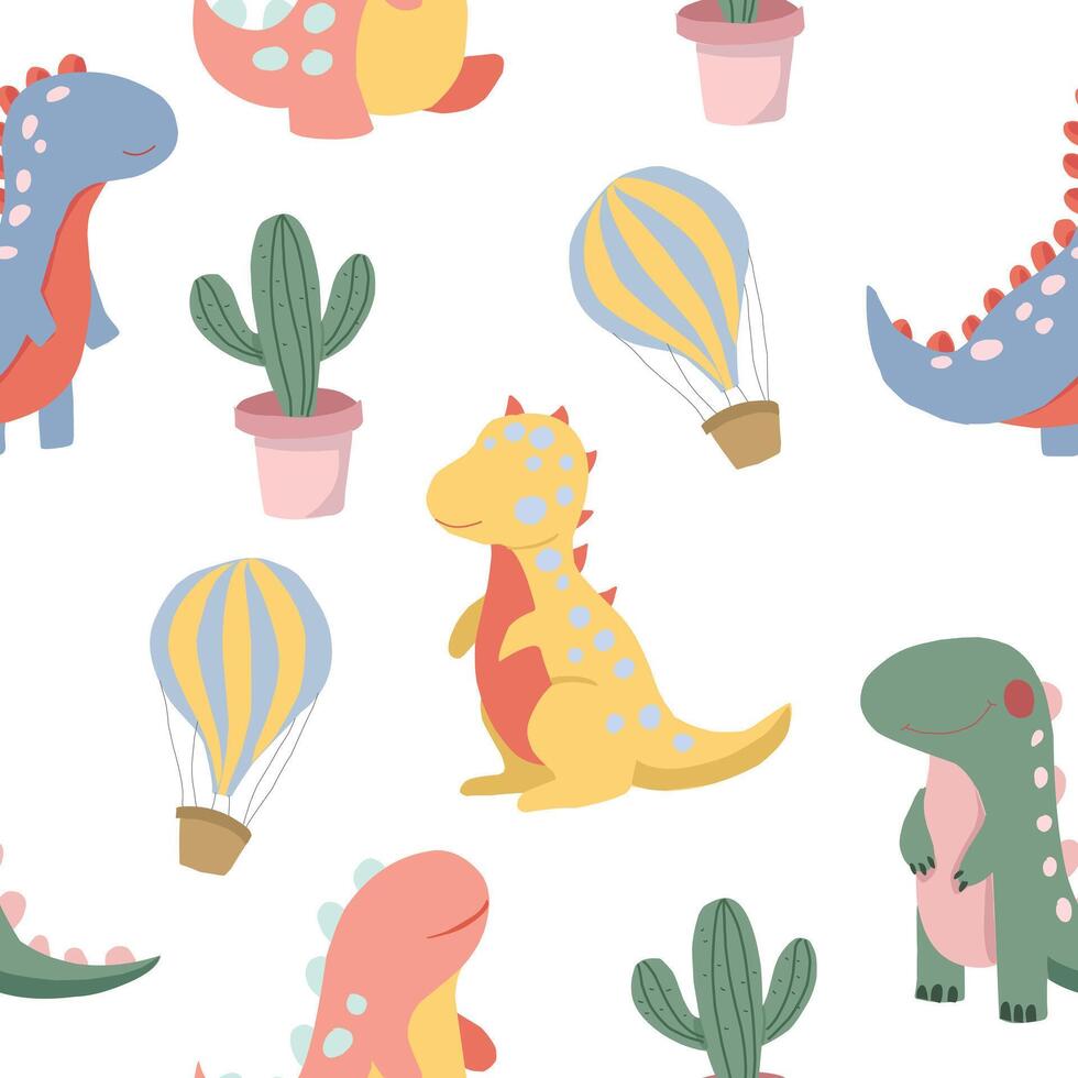 Cute Colorful Dinosaur Cartoon Seamless Pattern vector