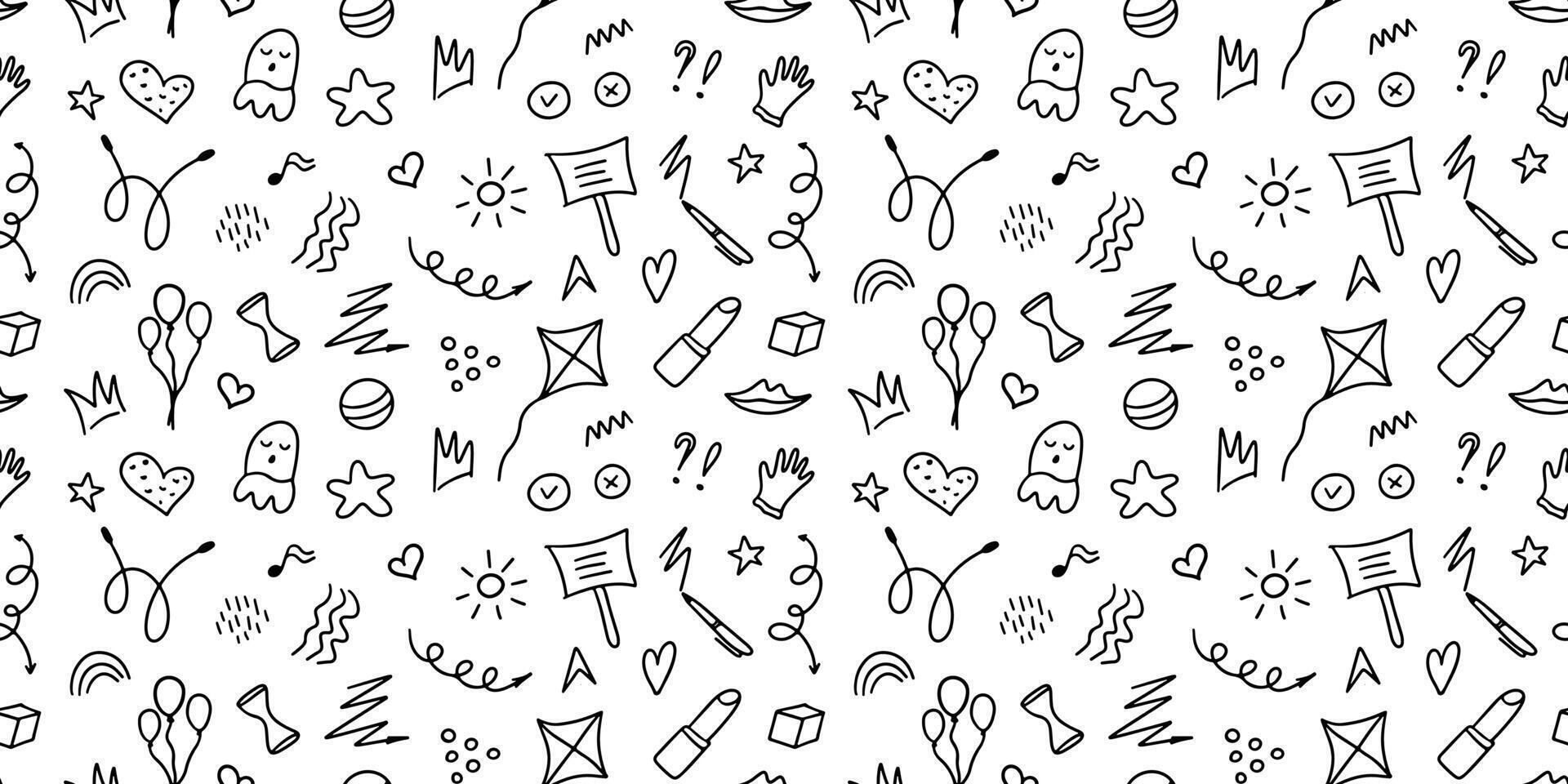 Hand drawn kid icon sketch pattern. Doodle seamless cute background with simple elements flower, heart, letter, arrow, line, cloud. Childish texture. vector