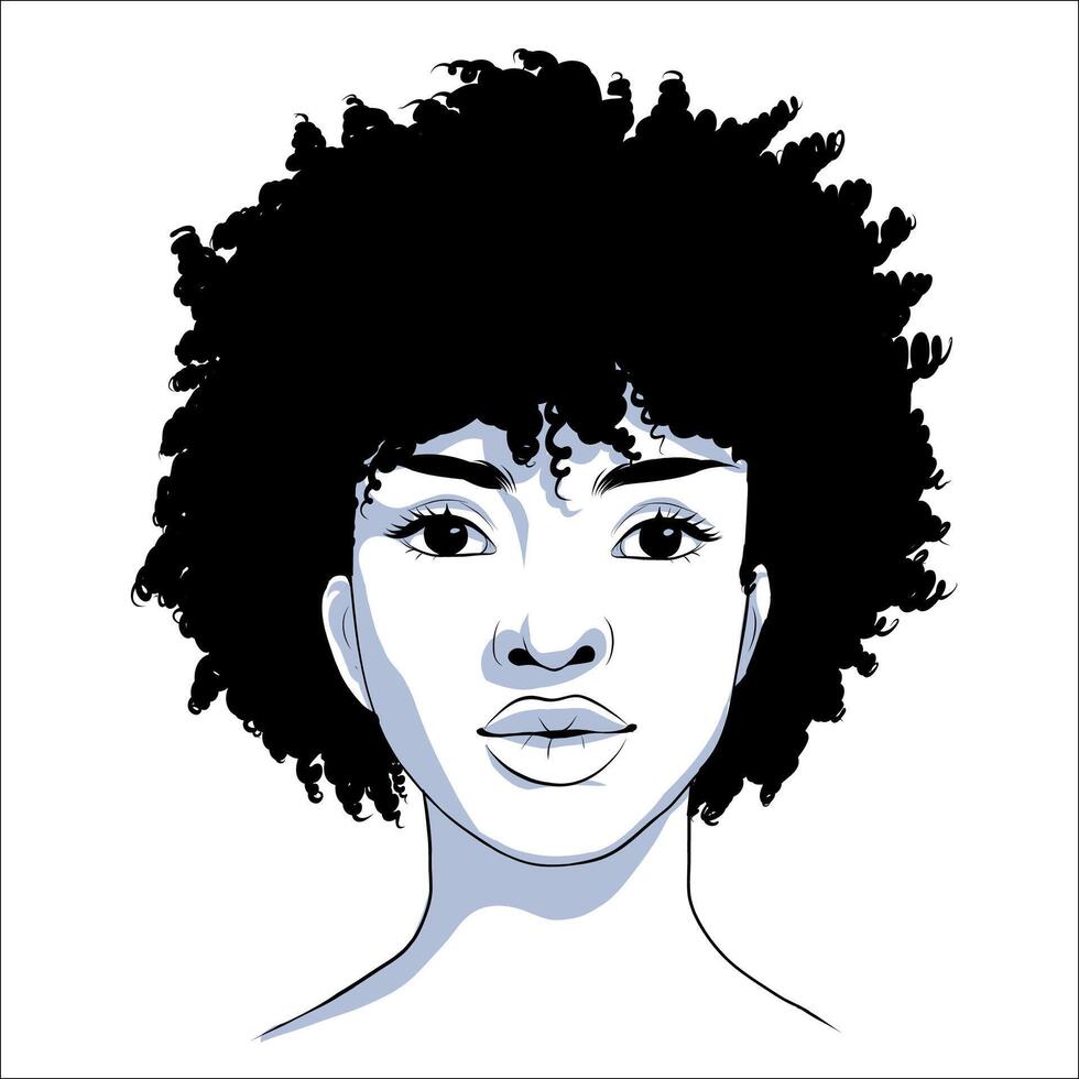 portrait of beautiful african american woman with a head bun in black and white with shadow. Gentle silhouette, fashion illustration. Fullface portrait vector