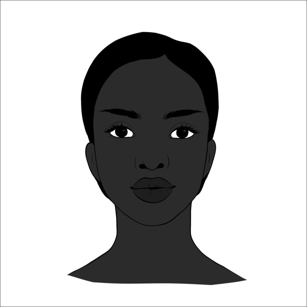 retrato de hermosa africano americano mujer con corto pelo en negro y blanco. amable silueta, Moda ilustración. cara completa retrato vector