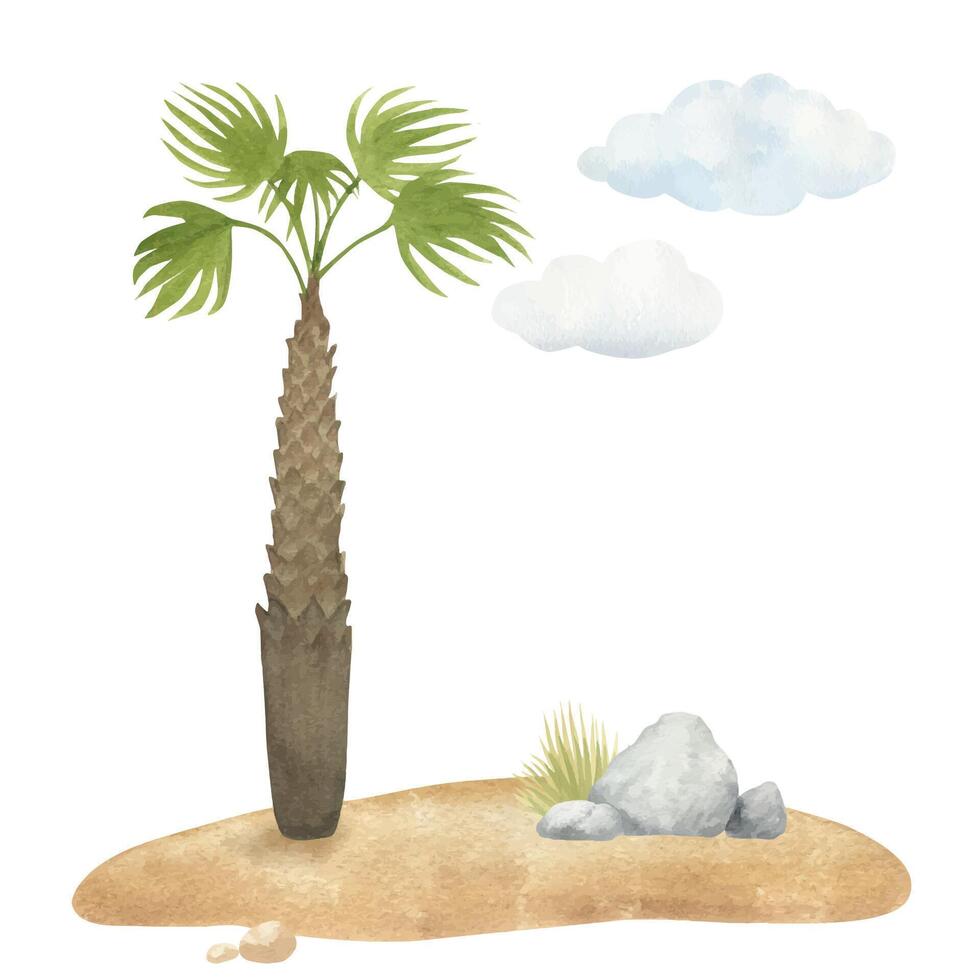 Watercolor illustration of a stylized palm tree on sand, with clouds and stone, isolated. For children's room decor, compositions, backgrounds vector